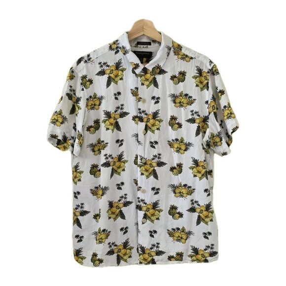 Banana Republic Shirt Mens L White Yellow Print Hawaiian SS Floral Camp Collar - Picture 1 of 14